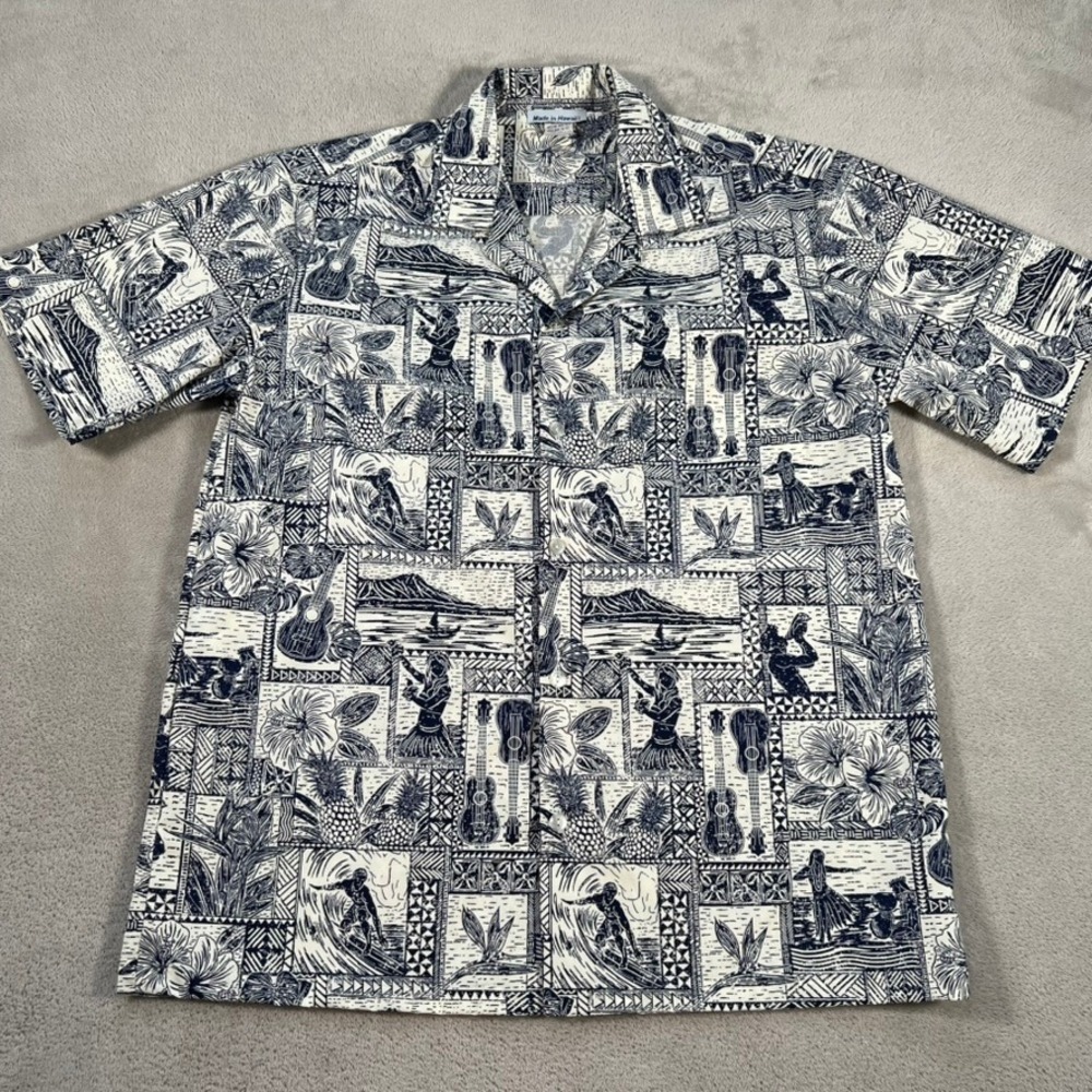 Made in Hawaii Aloha Shirt Men's Large Navy White Surf Hula Ukulele Block Print